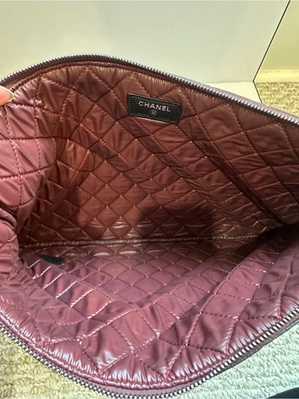 Chanel Large O-Case Black Caviar Leather Quilted Zip Pouch Burgundy Interior